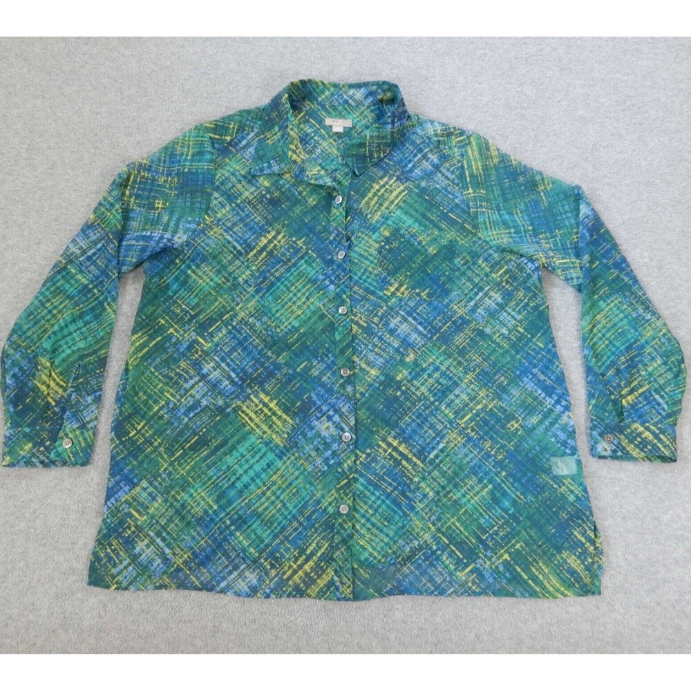 J Jill Womens Shirt Large Petite Green Teal Sheer Lightweight Artsy Colorful